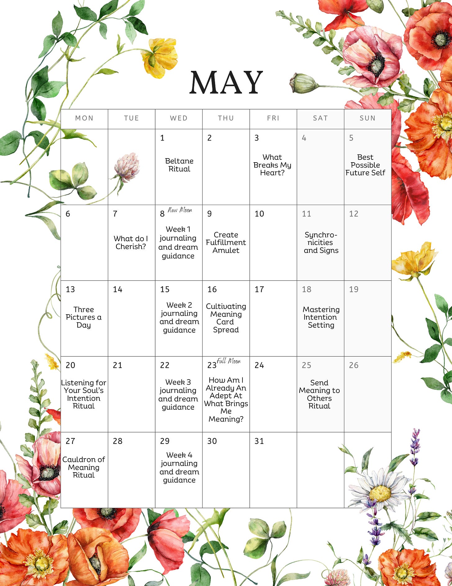 A May 2024 calendar that includes a suggested plan for working through the rituals and activities for the month. This page is also included in the downloadable pack.