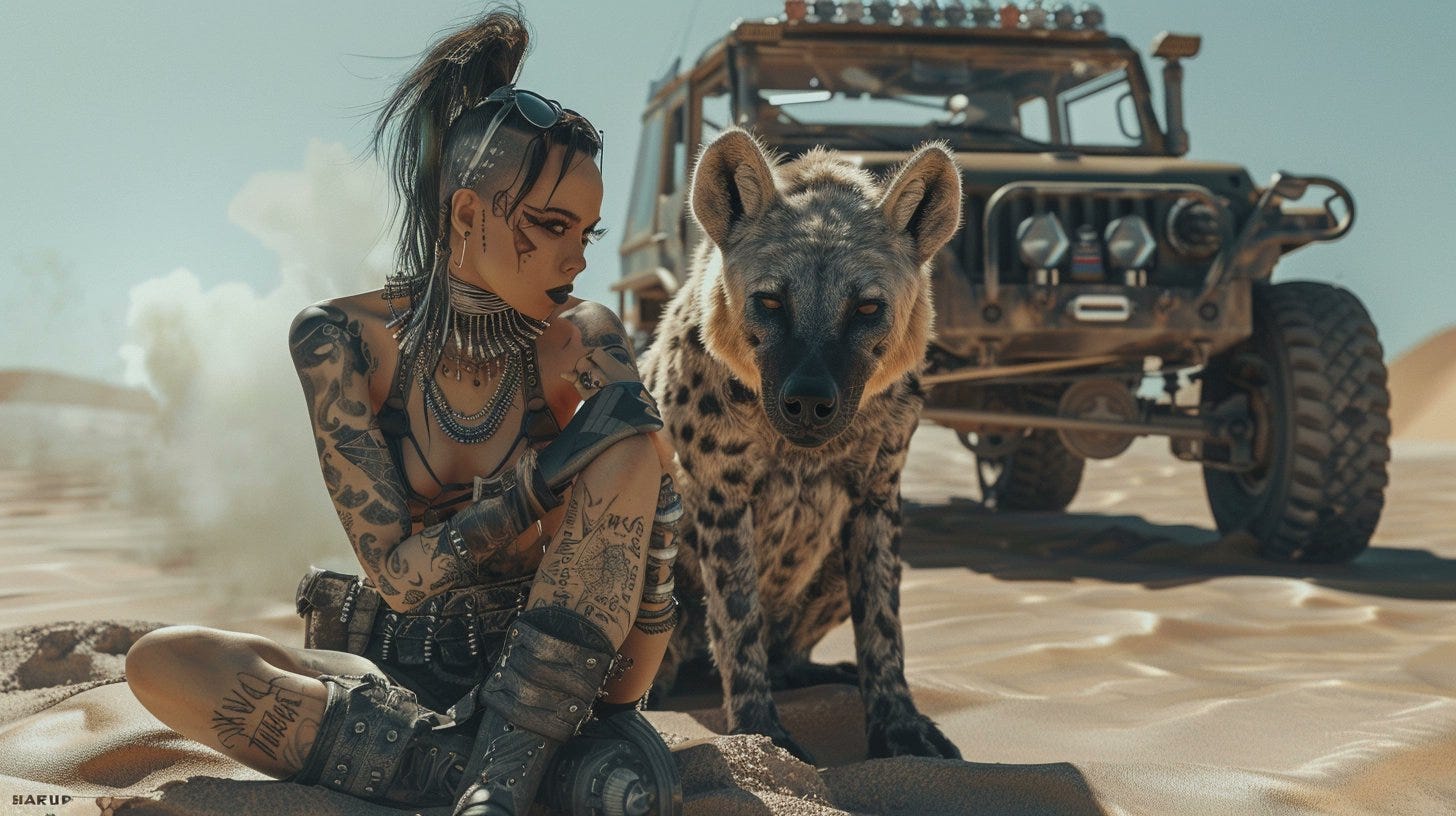 Create a realistic photo, dystopian setting, desert, a woman, tattoos all over arms chest and face dressed in style of Max Max sitting next to a greater in form huge hyena with spiked collar and in the background a military futuristic jeep, 3d, hd, 8k --ar 16:9 --style raw