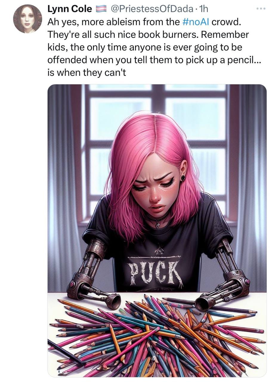 A child with pink hair and pink hair sitting at a table with colored pencils

Description automatically generated