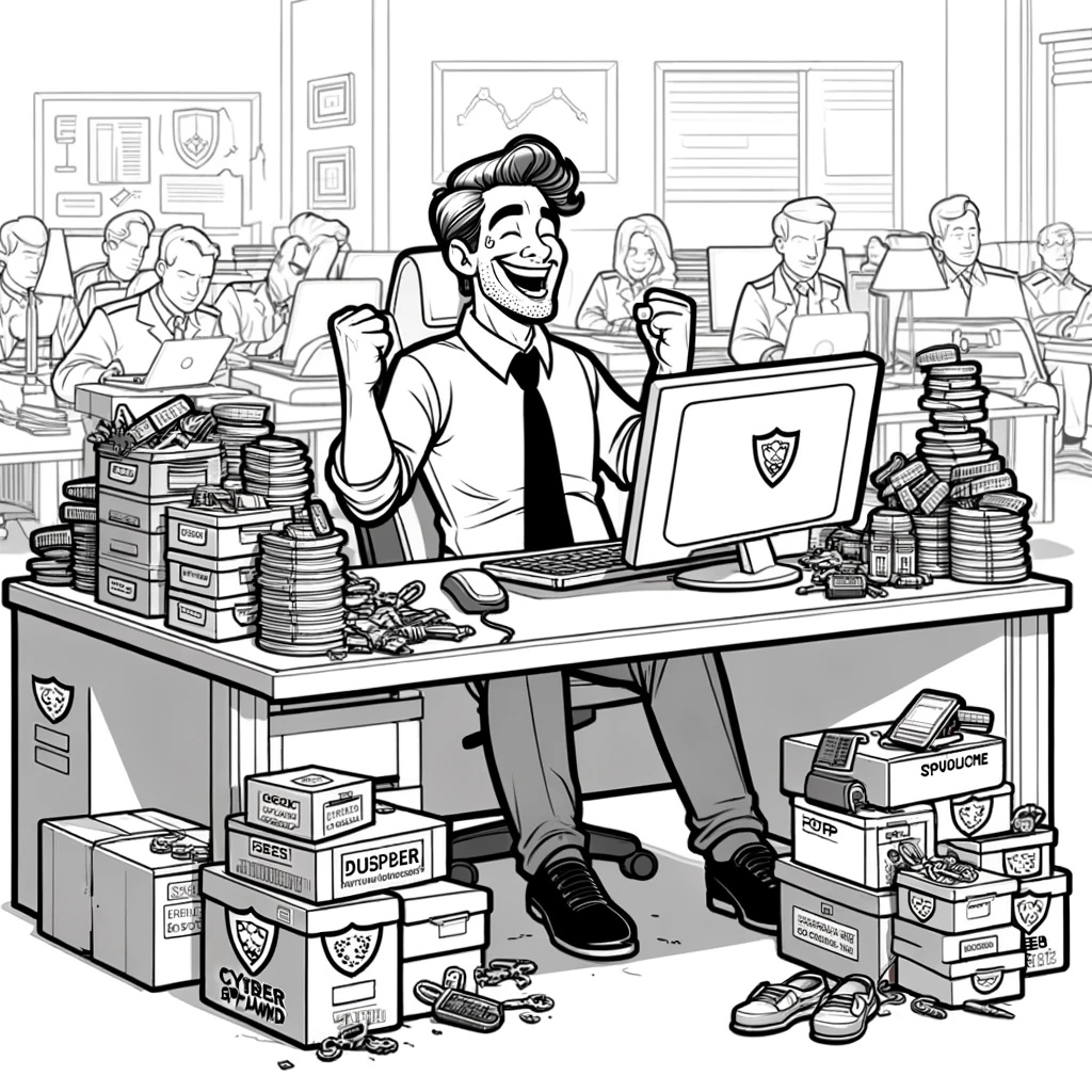 A line art cartoon showing the cybersecurity professional from the previous images, now sitting at his desk with a big smile on his face, symbolizing his victory over the cyber product sprawl. He is working on a small, manageable number of products, representing his successful navigation and control over the multitude of tools. The image should convey a sense of satisfaction and accomplishment, with the professional looking relaxed and content as he focuses on his work. The scene should be light and funny, capturing the idea of triumph in a playful manner, with the desk tidy and the workspace organized, reflecting the professional's mastery over the chaos.