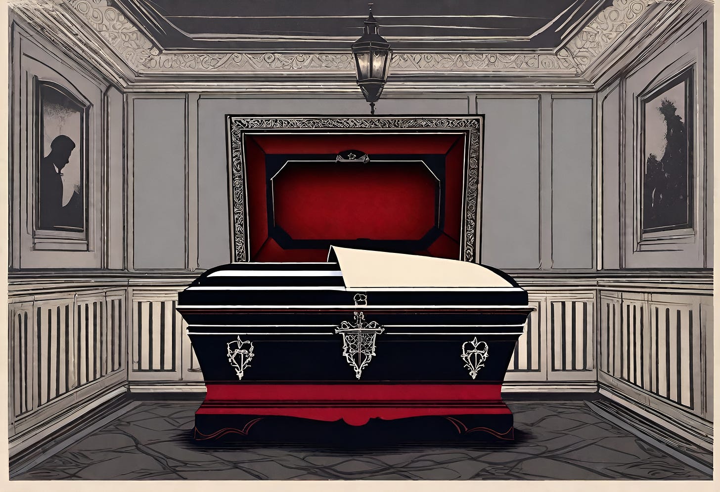 An illustrated image of a an open coffin inside a room of a mansion.