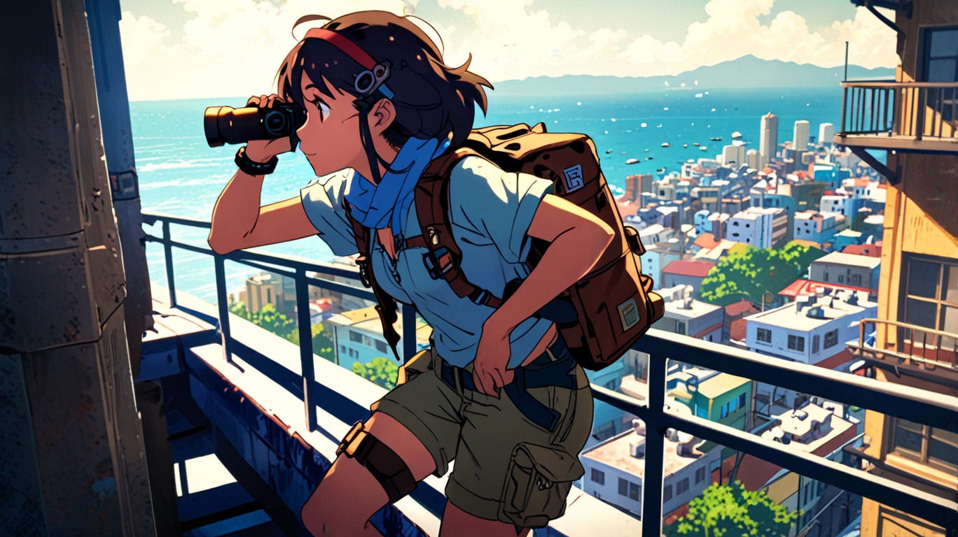 ilustración estilo anime de una mujer con binoculares viendo la ciudad desde un mirador