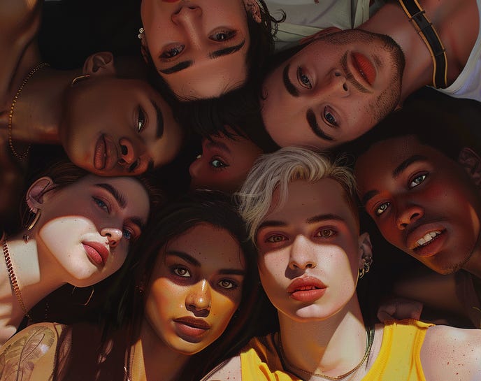 A group of friends of various ethnicities and genders. Image produced using Midjourney