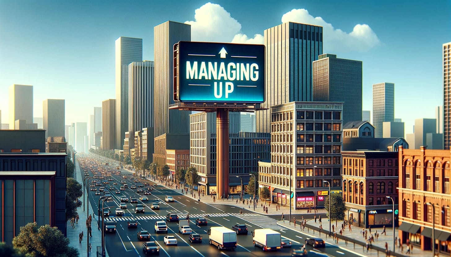 A landscape scene featuring a busy urban street with cars and pedestrians. In the foreground, there is a large billboard standing tall among the buildings. The billboard is brightly lit and clearly displays the words "Managing Up" in bold, large letters. The background consists of skyscrapers under a clear blue sky. The overall atmosphere is bustling and vibrant, showcasing a typical day in a modern city.