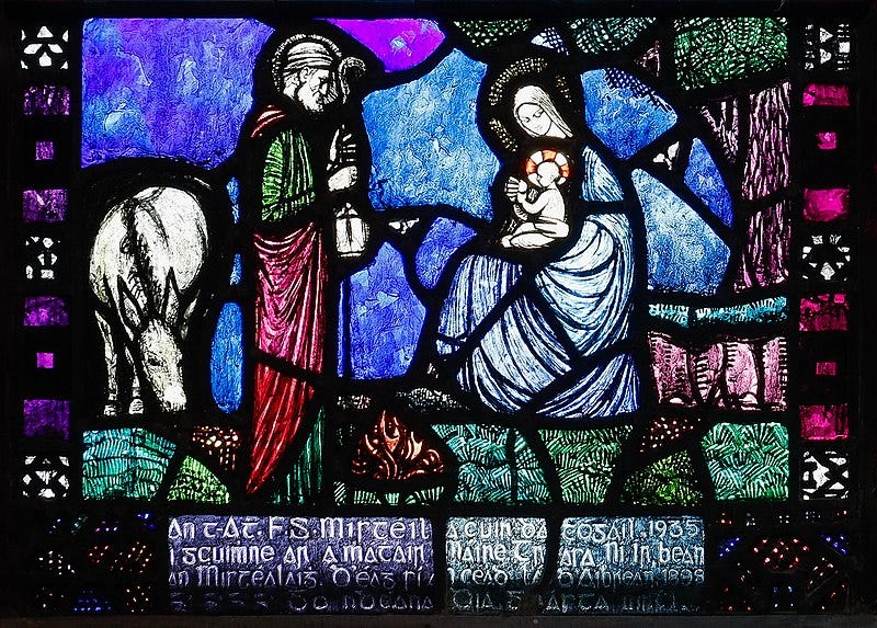 File:Loughrea St. Brendan's Cathedral West Aisle Window Saint Joseph and Child by Michael Healy Lower Panel 2019 09 05.jpg