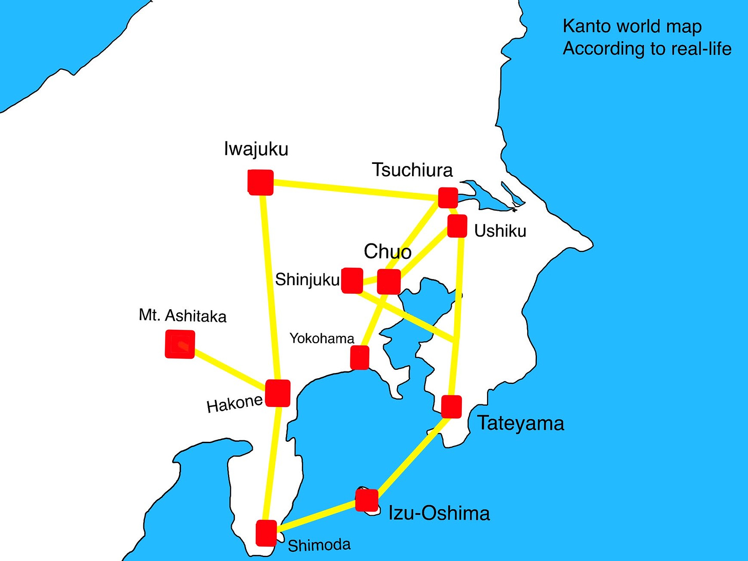 Alex's Kanto map, plotting his grant pokémon journey through Japan