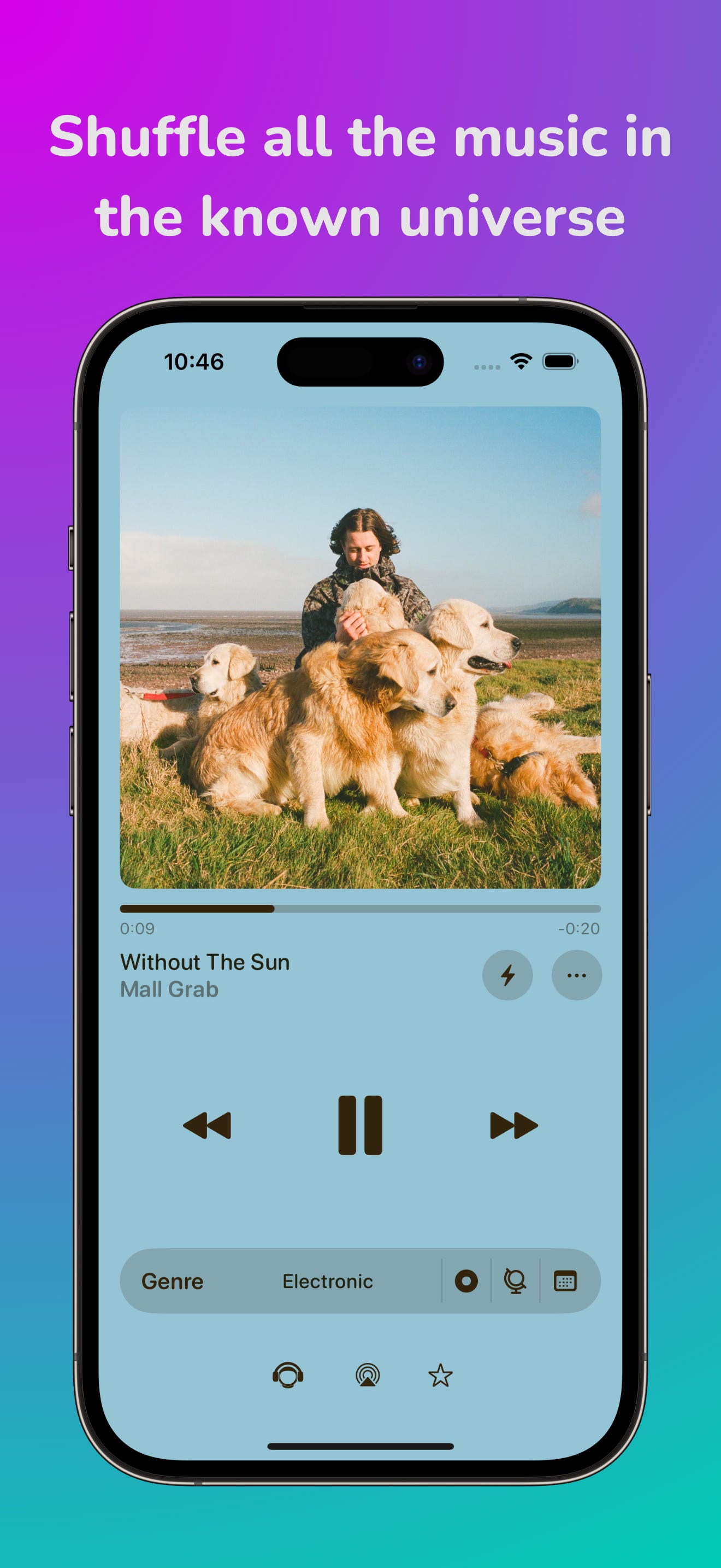 A promo screenshot of Univershuffle reading "Shuffle all the music in the known universe" showing a screen from the app where the cover art of the song is a bunch of golden retrievers