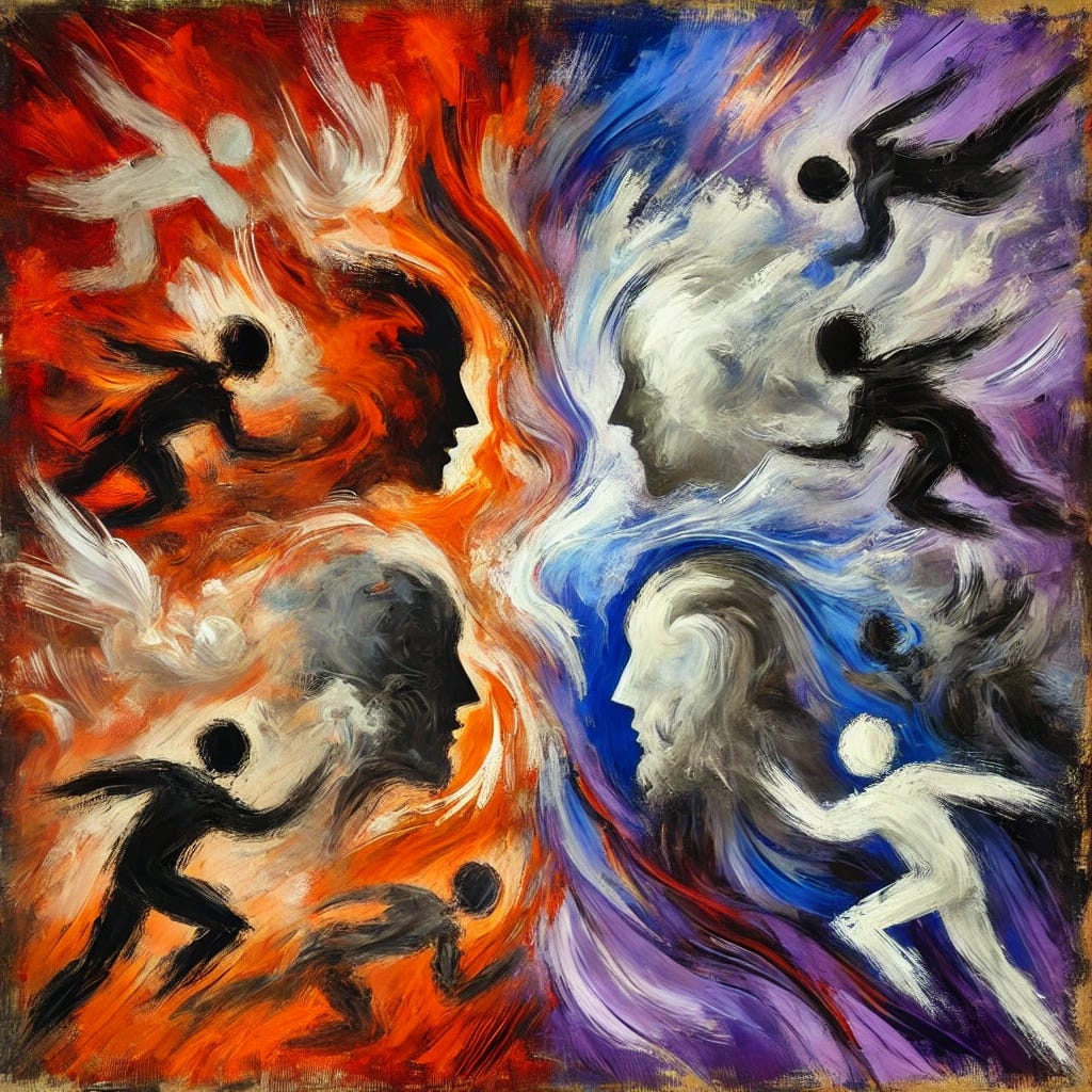 An abstract painting representing moral conflict and polarization. The artwork features two opposing color fields—one warm (reds, oranges) and one cool (blues, purples)—clashing in the center, symbolizing ideological divides. In the middle, chaotic brushstrokes of white and black swirl together, representing outrage and misunderstanding. Subtle overlapping shapes suggest human figures or groups, hinting at social identity and protection. The composition conveys movement and tension, yet with some blending at the edges to suggest the potential for understanding. Bold textures and layered colors add depth and emotion.