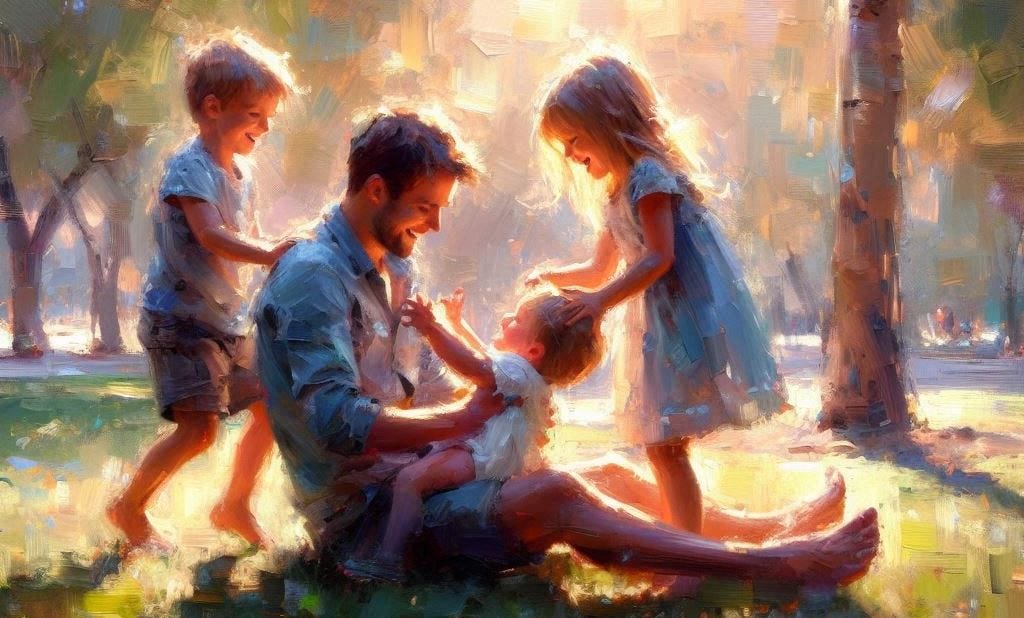A father playing with his 3 children in a sunlit park