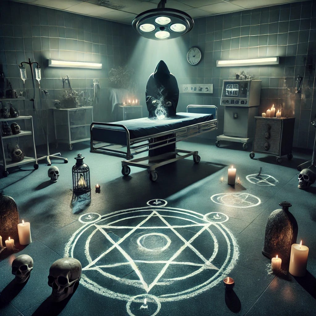 A dark hospital room with eerie lighting, mysterious symbols drawn on the floor, and black magic artifacts like skulls, candles, and urns. Shadows form ominous shapes on the walls, and a hooded figure performs a ritual in the center. The atmosphere is tense and unsettling, blending the clinical setting with supernatural elements.