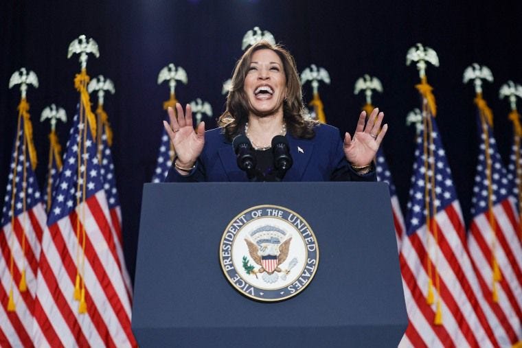 Kamala Harris smiles as she speaks