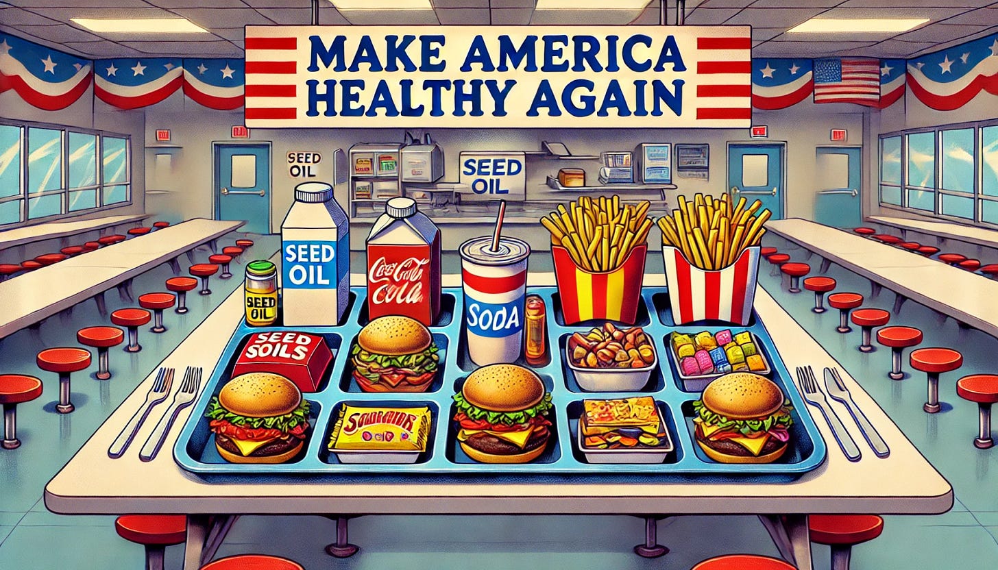 A satirical 16:9 illustration featuring cafeteria-style trays loaded with junk food such as burgers, fries, soda, and candy. Each tray has bright, unappetizing colors to emphasize the irony. In bold, patriotic typography, the slogan 'Make America Healthy Again' is displayed prominently above the trays. The setting is reminiscent of a government building cafeteria with fluorescent lighting and sterile decor, adding a cheeky, sarcastic tone. Include small, subtle details like seed oil bottles and snack wrappers scattered around for added irony.