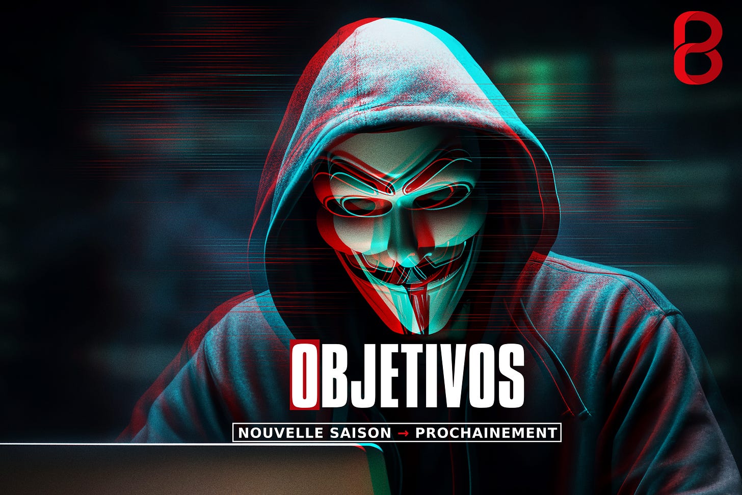 Photo d'un hacker Anonymous avec un masque, déformée par un glitch illustrant le programme original de préparation mental "Objetivos" de Benjamin AZIKA-EROS