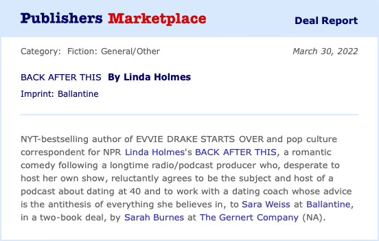 Publishers Marketplace announcement for Back After This by Linda Holmes