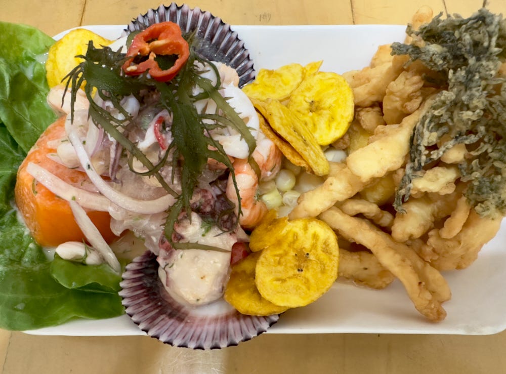 Ceviche with shrimp, fish, and clam on the half shell and fried pota on the right