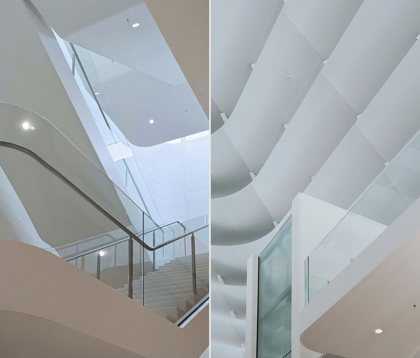 A collage of two photos of the staircase and elevator shaft at Apple The Exchange TRX.