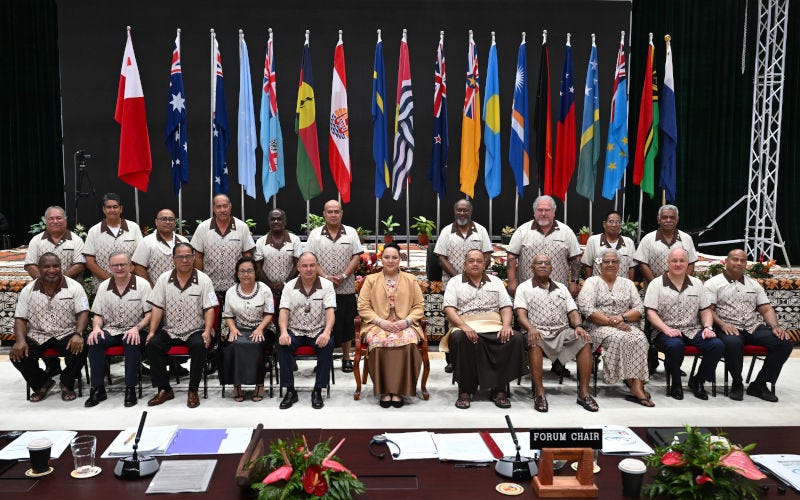 Pacific Leaders gather for a family photo at the start of the plenary session at the 53rd Pacific Islands Forum Leaders Meeting in Nuku'alofa, Tonga, Wednesday, August 28, 2024. Leaders from Pacific Island nations are gathering in Tonga for the 53rd Pacific Islands Forum Leaders Meeting. Image: AAP/Lukas Coch