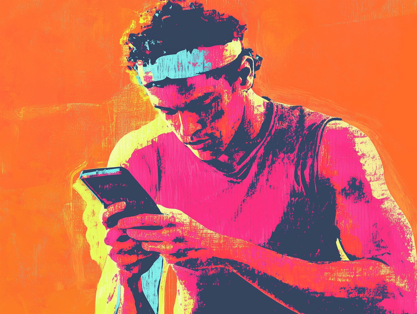 A colorful artistic image of a man in workout clothes staring at his phone.