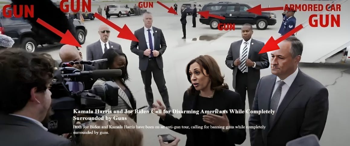 Kamala Harris surrounded by heavily armed guards, including assault weapons and handguns, while calling for disarming Americans. The image highlights the hypocrisy of advocating for gun control while being protected by an armed security detail.