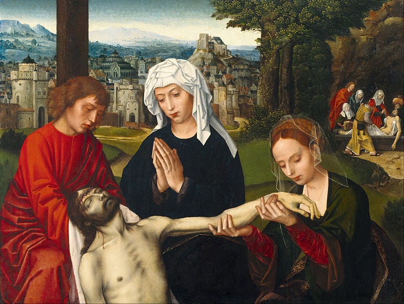 Early renaissance painting of John, Mary, & Mary with Jesus at the foot of the Cross; burial depicted in the background.