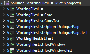 Figure 1: The Visual Studio Solution Explorer. Projects are listed alongside those containing their tests