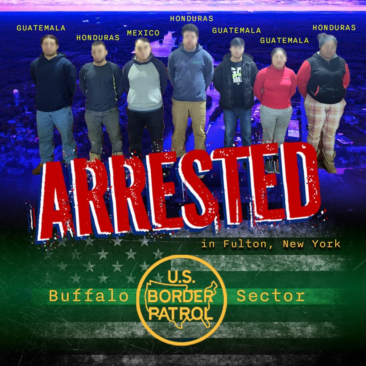 US Border Patrol public domain image from US Border Patrol Facebook page shows several arrested migrants with a big headline that says "ARRESTED" in all caps