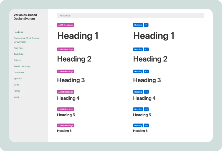 Screenshot of my simple variables-based design system for Webflow