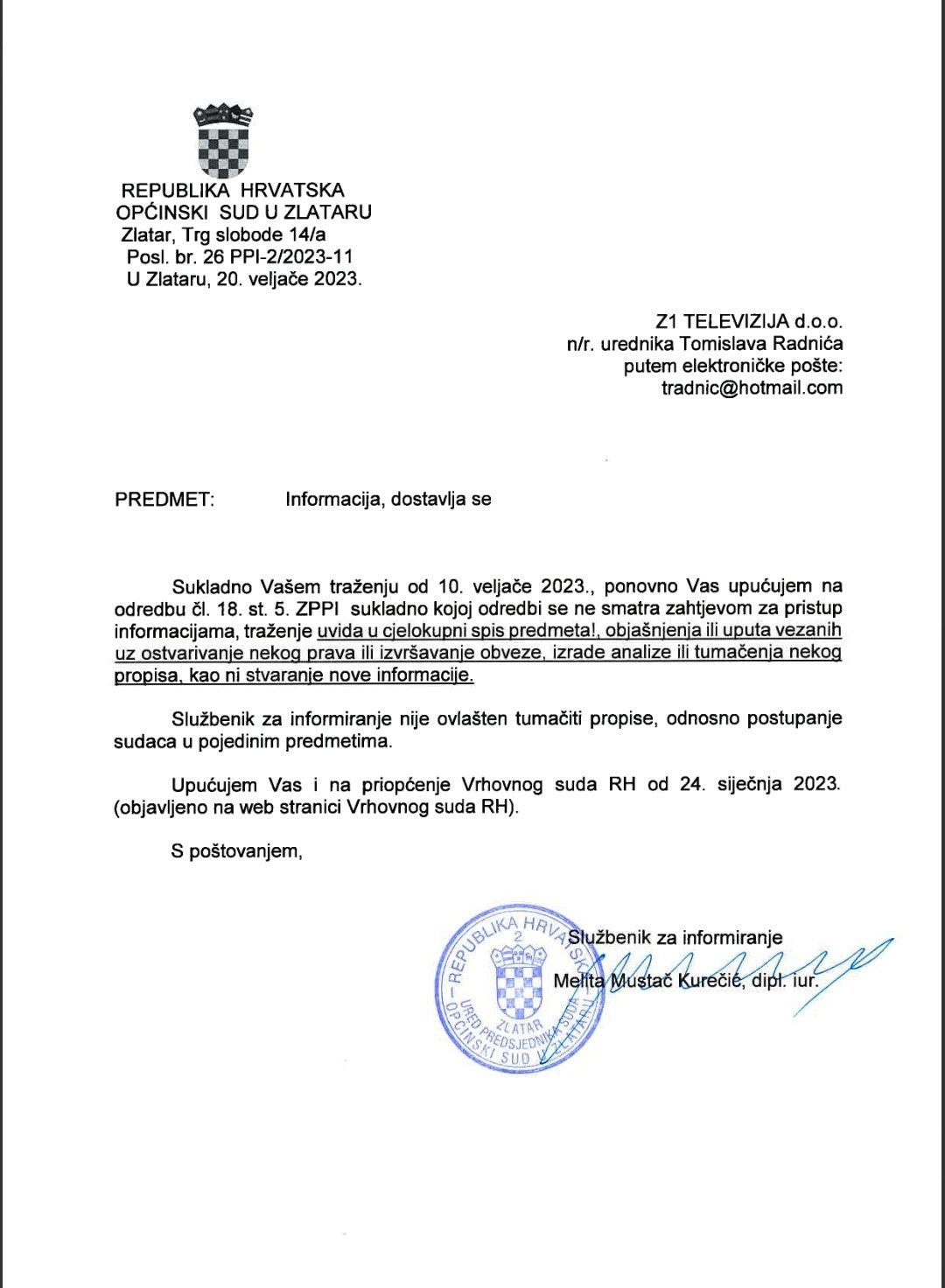 Screenshot of a refusal of a subject access request, Zlatar Municipal Court