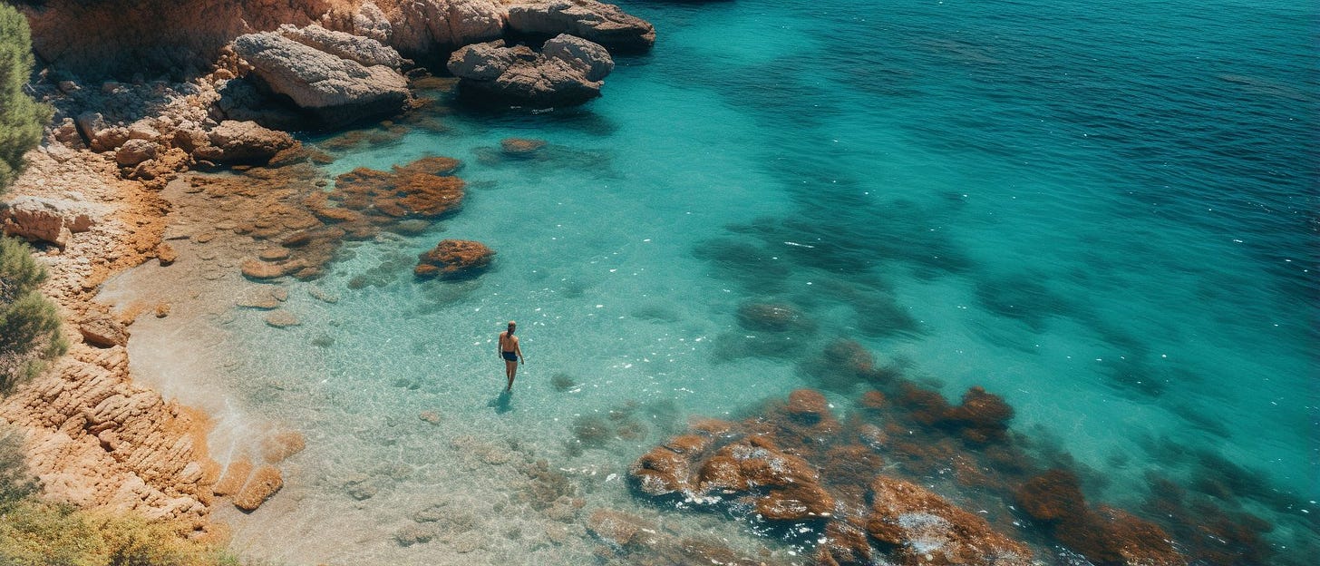 [Cinematic Expedition] [Ibiza Hidden Beach] [detailed composition, muted colors, ektar magazine aesthetic] --ar 21:9 --c 10 --style raw