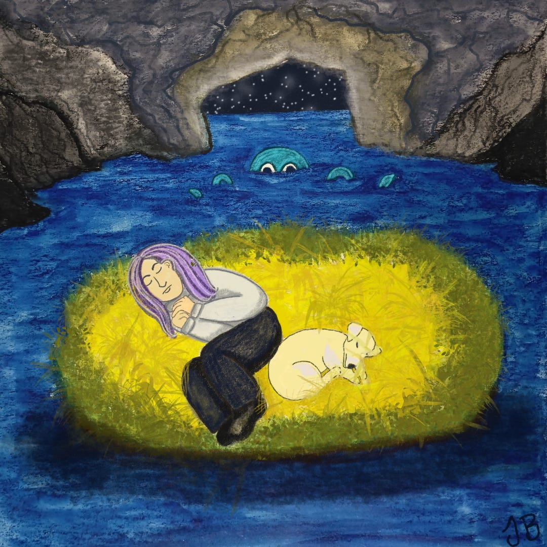 The woman and the dog lie sleeping on a bed of straw on a small island inside a vast sea cave. It is night outside and the stars twinkle in the sky. The octopus swims away behind them.