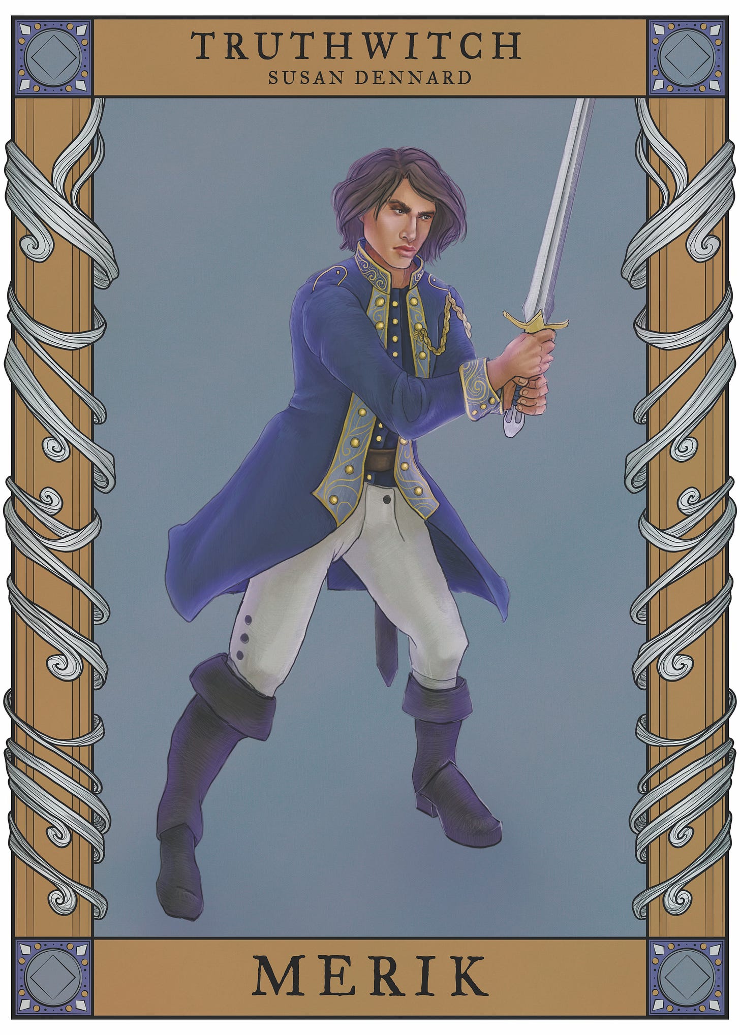 An illustration of Merik by Alexis Castallanos showing him holding a sword and wearing a blue coat with too many buttons gold (lol). A frame with wind-like stylizations surround the image An illustration of Merik by Alexis Castallanos showing him holding a sword and wearing a blue coat with too many buttons gold (lol). A frame with wind-like stylizations surround the image