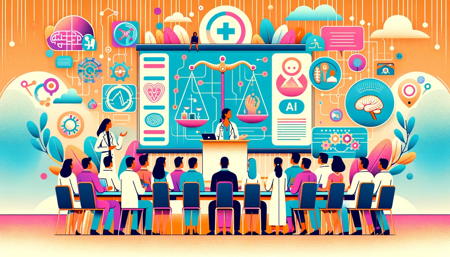 A modern, playful, and digitally styled vector art illustration of a diverse group of healthcare professionals, including physicians and regulators, engaged in a conference setting. They are discussing and viewing presentations on large screens about AI ethics, governance, and regulations. The background is a pastel orange with abstract shapes and symbols like scales of justice, ethical icons, and digital networks, reflecting themes of regulatory oversight and ethical AI usage in medicine. The style is vibrant flat colors with minimal shading and symmetrical design, featuring subtle shadows to maintain the flat aesthetic.