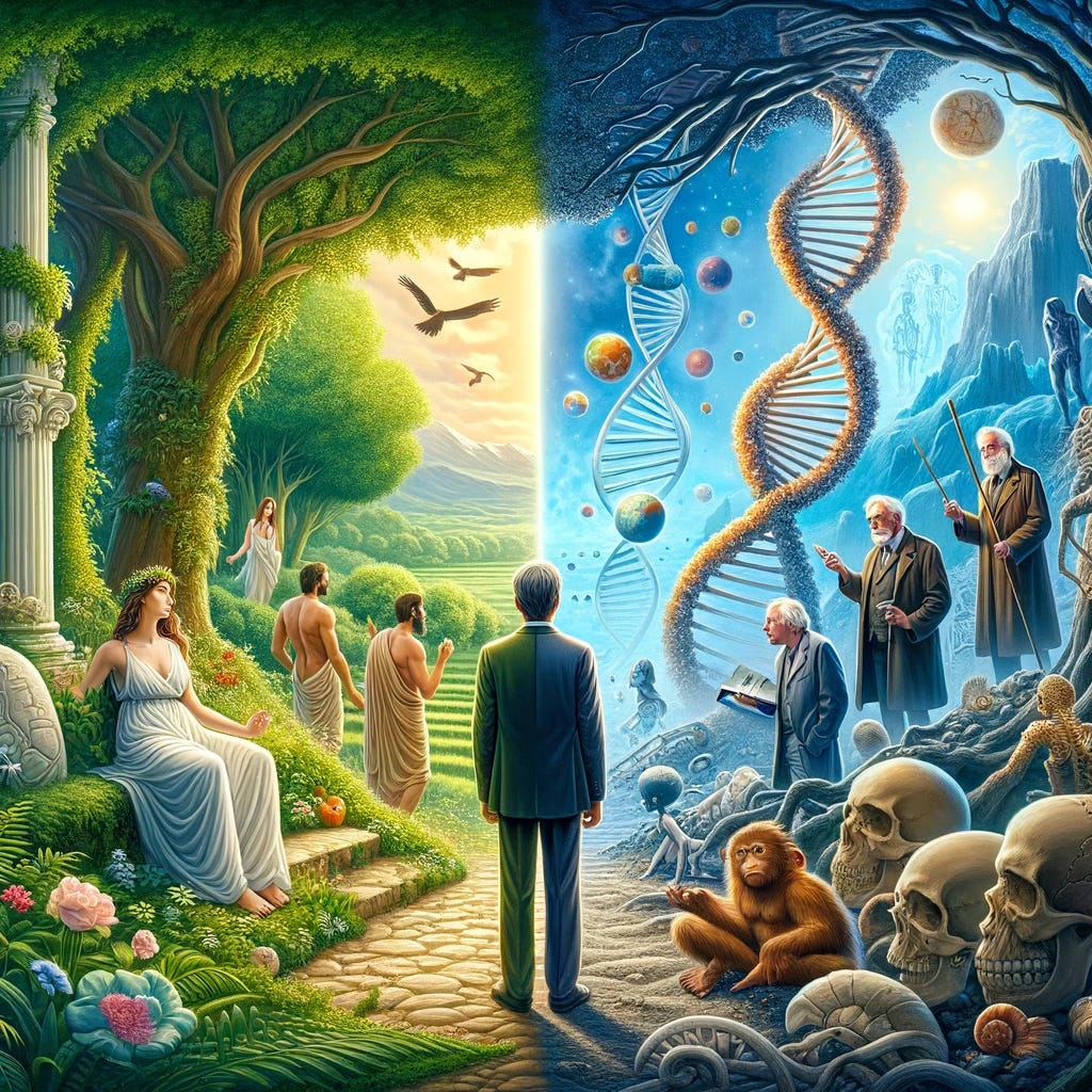 An artistic representation contrasting the biblical account of human origin from Genesis with the scientific perspective of Richard Dawkins. The image should feature two distinct sections. On one side, depict the Garden of Eden with lush greenery and serene ambiance, representing the Genesis creation story. Adam and Eve should be shown as idyllic figures in a peaceful setting. On the other side, portray a more scientific and evolutionary backdrop, with Richard Dawkins standing amidst fossils and DNA helices, symbolizing the scientific explanation of human evolution. The styles should be distinct: one classical and tranquil, the other modern and detailed, to emphasize the clash of ideas.