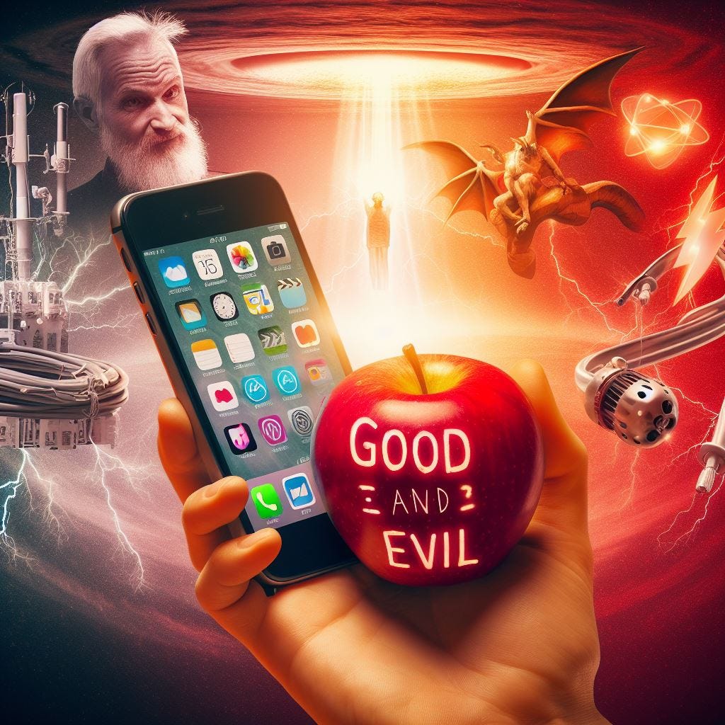 An image that represents the passage about good and evil, cell phone radiation, EMFs, electricity, Rudolf Steiner, Lucifer, and the apple