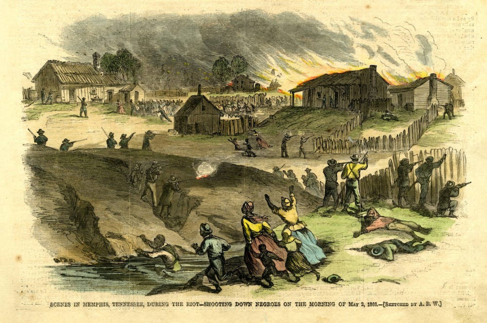 A famous sketch depicting the horror of the Memphis massacre, through scenes of Black women, children, and men in flight as Black ex-soldiers fend off white aggressors.