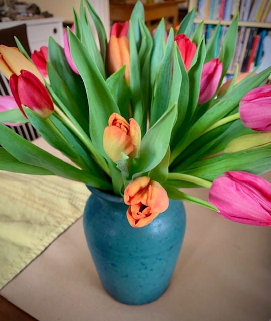 A colourful boquet of tulips on a kitchen table