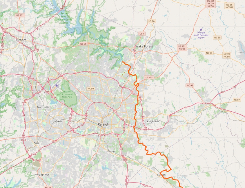 map showing the Neuse River Trail through Wake County