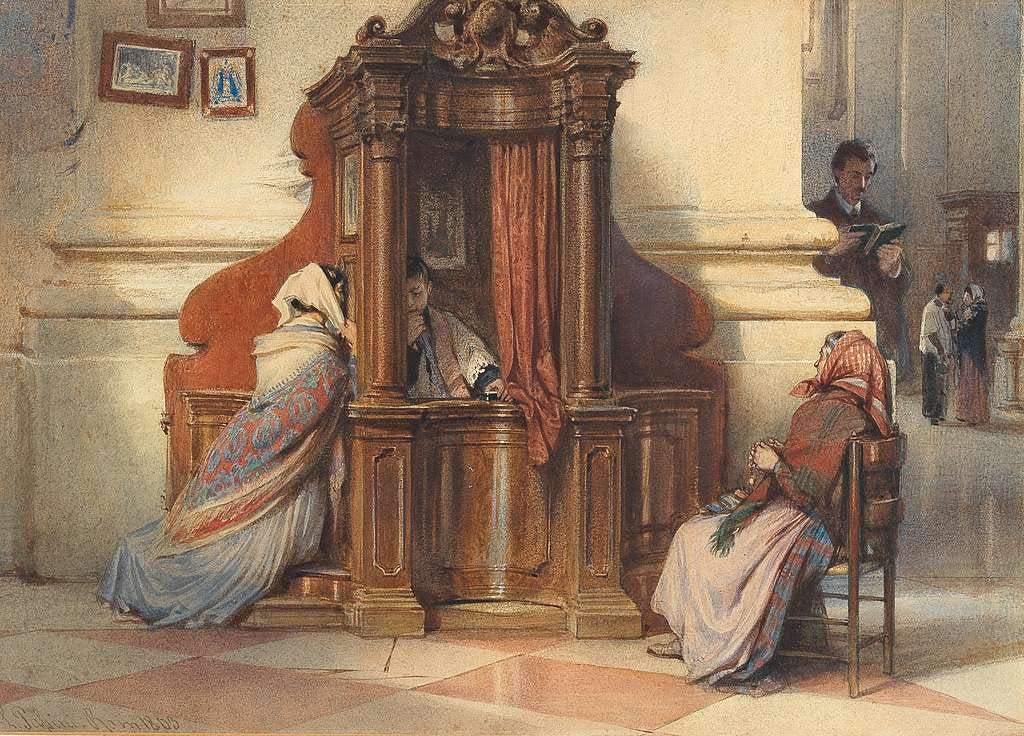 Ludwig Passini - A church interior with women at the confessional