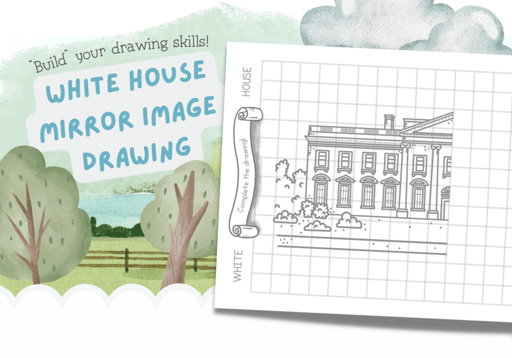This featured image shows a picture of a White House Mirror Image drawing printable.