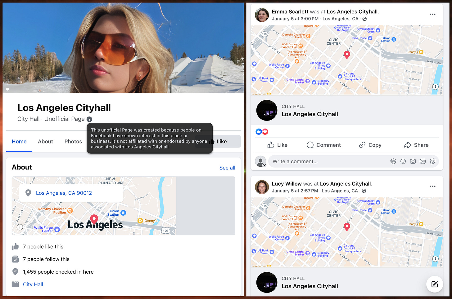 screenshots of the check-in history for the unofficial "Los Angeles Cityhall" Facebook page