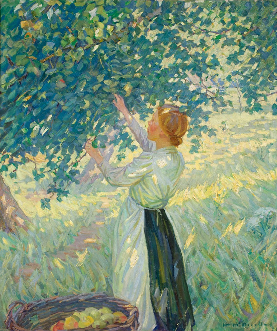 Painting of a woman picking apples in the shade of a large tree. She wears a plain, long-sleeved top and a white apron over a dark blue skirt. The sunlight streams golden in the grass behind her and there's a basket of freshly picked apples on the ground near her feet.