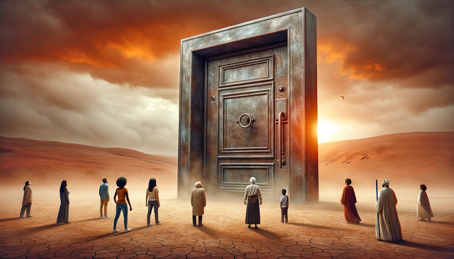 A symbolic representation of dogmatism depicted through an allegorical scene. In a desolate, dry desert, a gigantic, immovable iron door stands alone, representing the closed-mindedness of dogmatic beliefs. Surrounding the door are several figures of diverse backgrounds: an Asian young woman, an African elderly man, and a Middle-Eastern teenager, all showing expressions of frustration and confusion as they attempt to open the door. The sky is a mix of orange and red hues, adding a dramatic and intense atmosphere to the image.