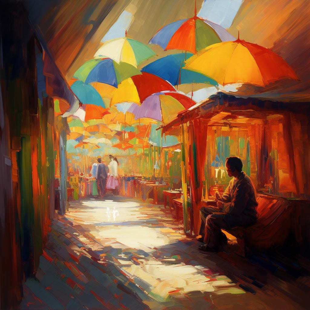 An artistic rendering of a pathway off the circus midway. A figure sits alone outside a tent.