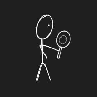 "A simplistic drawing of a stick figure on a black background. The figure has a large circular head with a single dot for an eye and is standing with its arms and legs spread out, drawn in white lines. It appears to be holding a circular object in its right hand that resembles a mirror. Within this circle, there is a smaller filled-in circle with two dots, suggesting a reflection in the mirror. This could symbolize self-reflection or self-perception."
