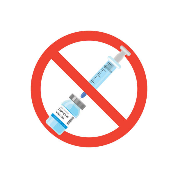 bildbanksillustrationer, clip art samt tecknat material och ikoner med anti vax movement. vial with coronavirus vaccine and syringe in red sign - stop. anti vaccination protest. vaccine refusal, mandatory immunization vaccination hesitancy, no vax. - anti vaxxer