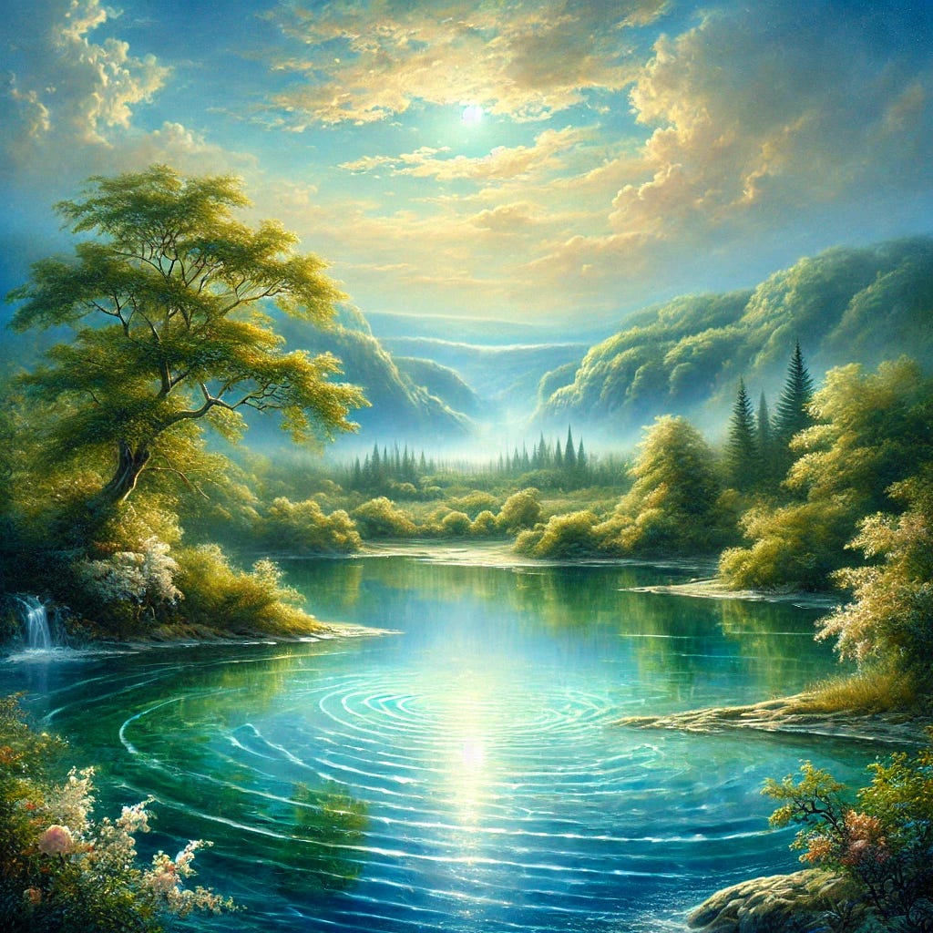 A serene oil painting depicting the essence of water's spiritual significance as described by Masaru Emoto. The scene should feature a tranquil body of water, perhaps a lake or a river, with crystal-clear reflections of the sky and surrounding nature. The water should have an ethereal quality, almost glowing, to symbolize its connection with life and consciousness. Surrounding the water, lush greenery, gentle hills, and a peaceful, calming sky should be visible. The overall mood should be one of serenity, tranquility, and a deep sense of connection with nature, evoking feelings of love and gratitude.