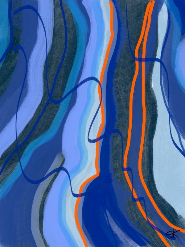 Abstract vertical blue curves by Sherry Killam Arts suggesting rivers and roads.