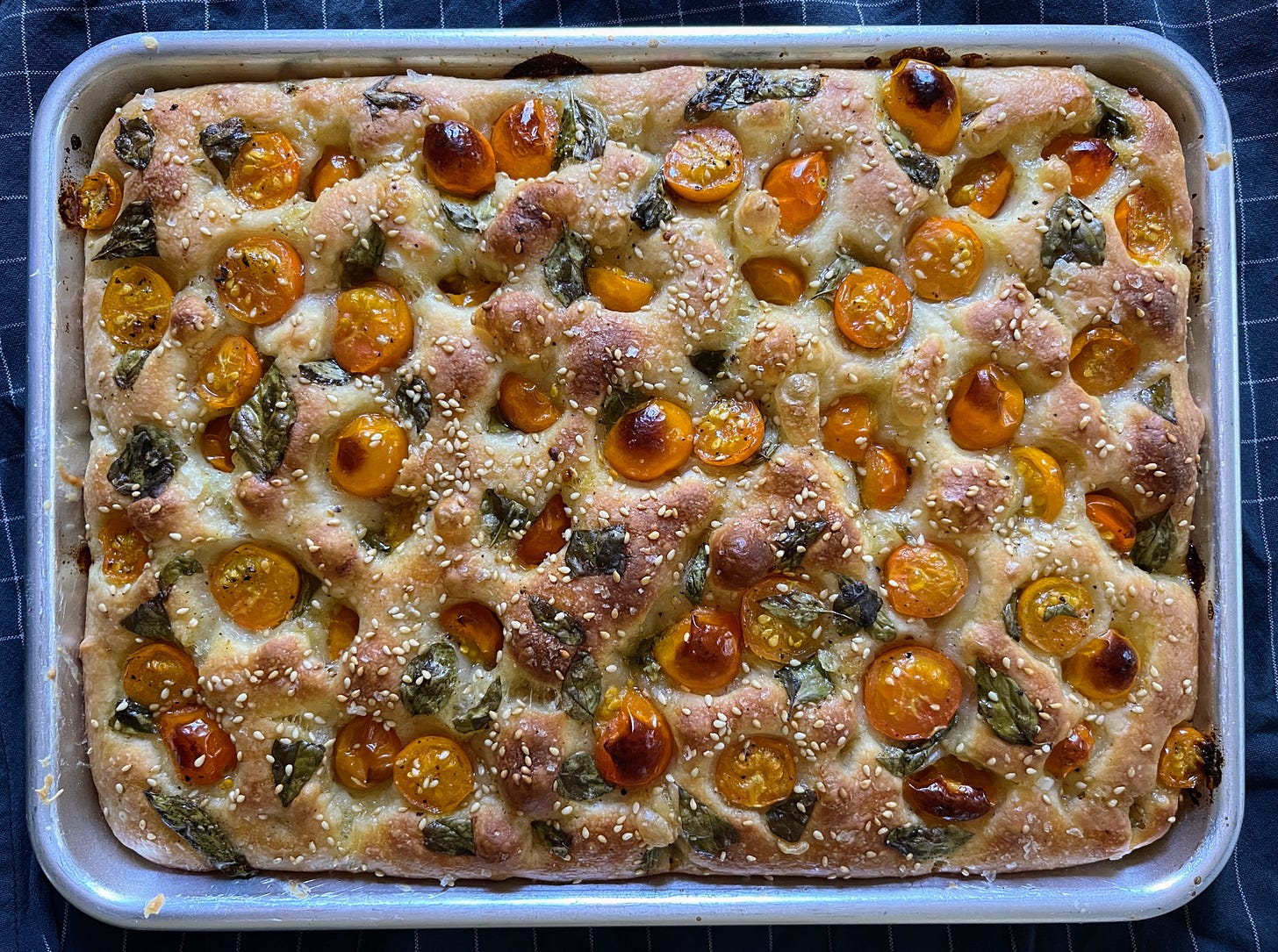 Sungold and basil focaccia