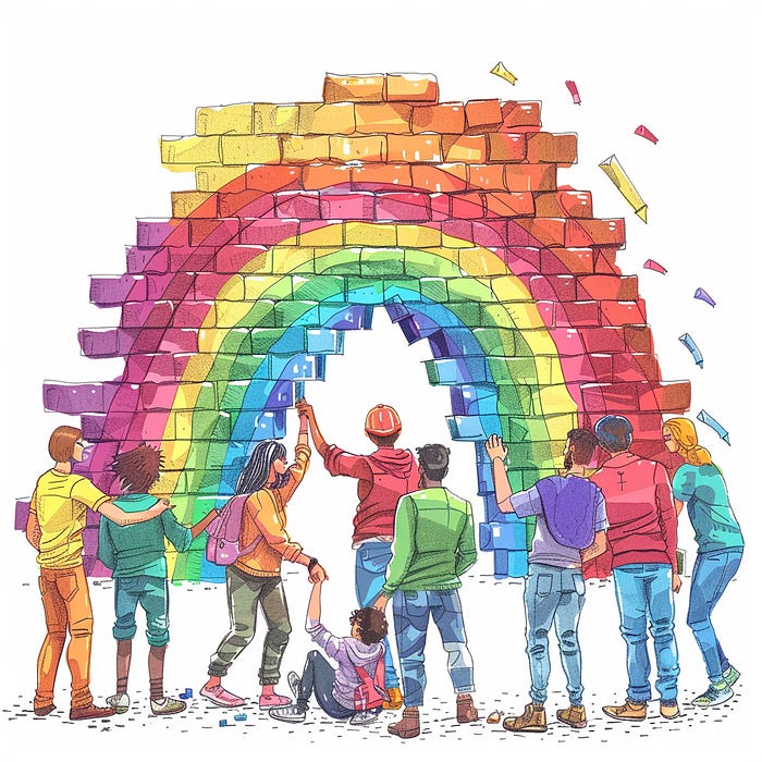 A colour pencil illustration of a group of people working together to build a rainbow out of coloured bricks. Generated by Midjourney.