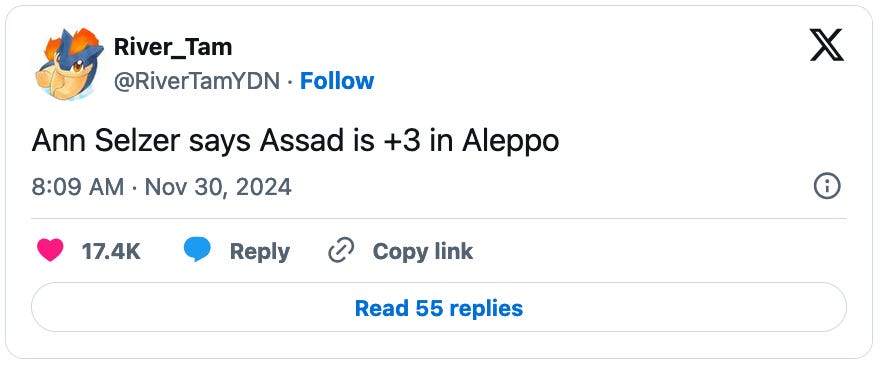 November 30, 2024 tweet by River Tam reading, "Ann Selzer says Assad is +3 in Aleppo."